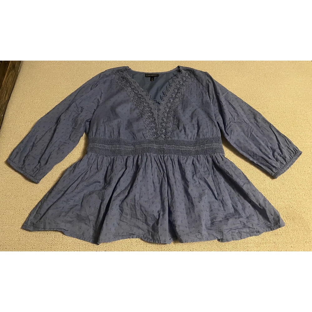 Lane Bryant Sz 18 Peasant Shirt Eyelet Cotton Smocked Sleeve Blue Boho